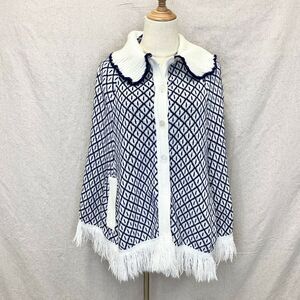 Vintage 1970's White & Navy‎ Button Up Poncho With Fringe & Collar One Size